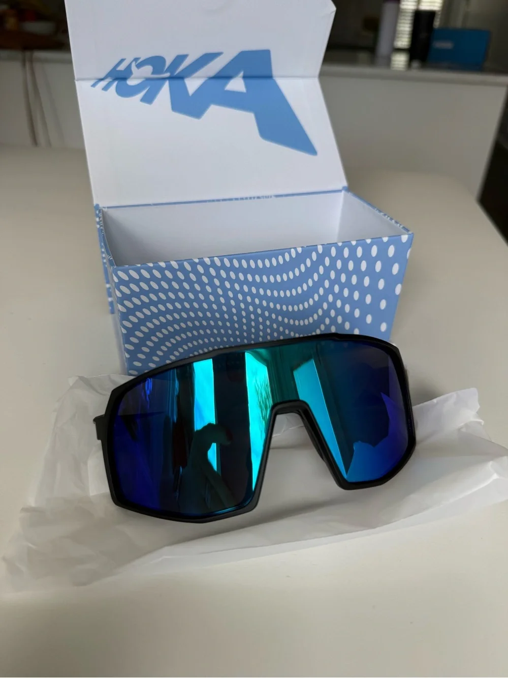 Hoka Sprint Sight Black Frame Sunglasses with Blue Mirrored Lense